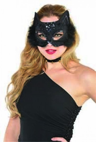 Fancy black cat mask with feather marabou accents, perfect for costume parties and Halloween events.