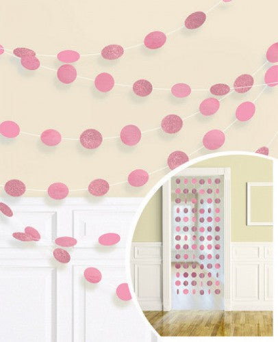 Glitter round string decorations in vibrant pink, 7 feet long, perfect for elegant parties and celebrations. Pack of 6.
