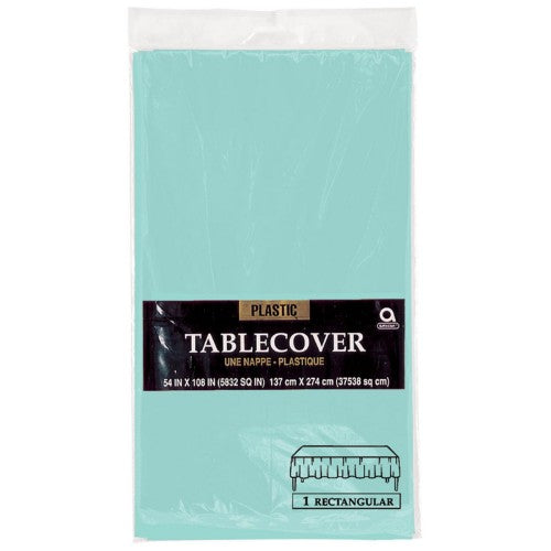 Plastic rectangular tablecover in Robin's-Egg Blue, 54" x 108", perfect for parties and easy to clean.