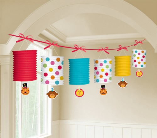 Colorful lantern garland for Fisher Price 1st birthday, perfect for circus-themed celebrations and creating a festive atmosphere.