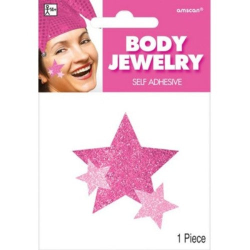 Pink star-themed body jewelry, measuring 5" x 3.5", perfect for adding sparkle to any outfit.