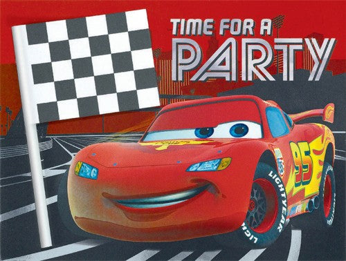 Cars 3 Deluxe Jumbo Invite featuring vibrant graphics of Lightning McQueen and friends, ideal for kids' birthday parties.