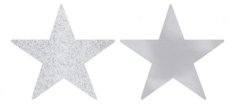 Pack of 5 silver star cutouts with foil and glitter, perfect for festive decorations and crafts, each measuring 5 inches.