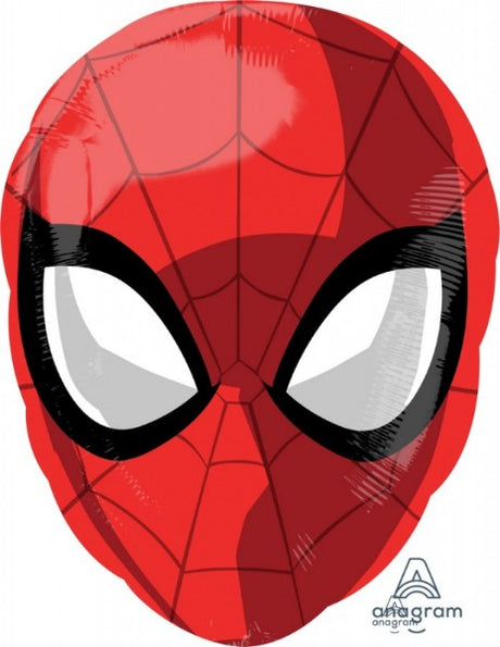 Foil balloon shaped like an animated Spider-Man head, measuring 30cm x 43cm, perfect for themed celebrations.