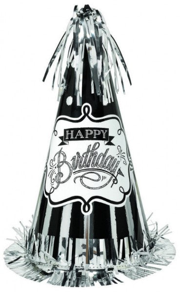 Large cone hat with foil fringe, chalkboard surface for personalization, perfect for memorable birthday celebrations.
