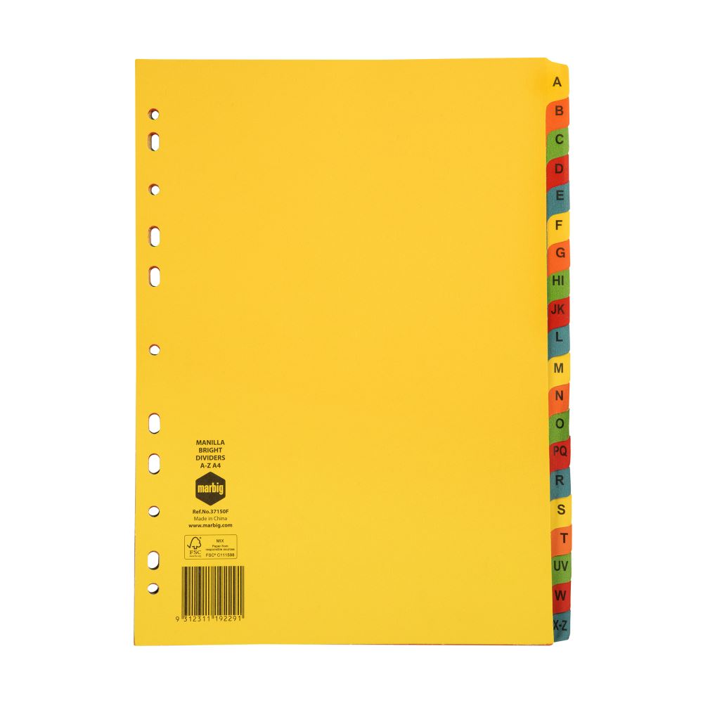 Colorful A4 dividers with A-Z tabs for easy document organization and personalization in vibrant manila tones.
