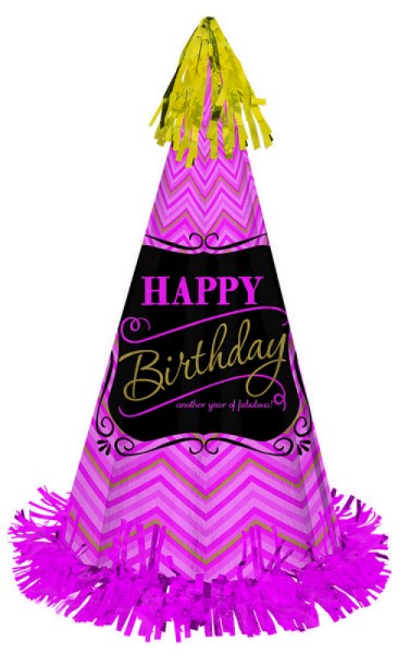 Large cone party hat with foil fringe, 13 inches, ideal for festive celebrations and themed parties.