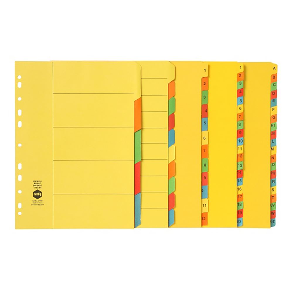 Marbig Dividers 20 Tab Brights Manilla A4 with vibrant colors for easy organization and navigation of documents.