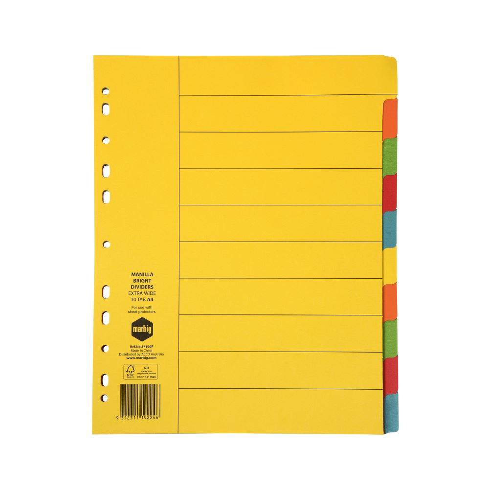 Marbig Extra Wide 10 Tab Dividers in bright manila for A4 documents, featuring reinforced tabs and a matching contents page.