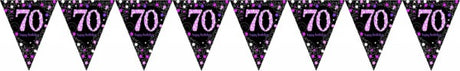 Vibrant pink prismatic pennant banner, 4m x 20cm, ideal for festive celebrations and outdoor parties.