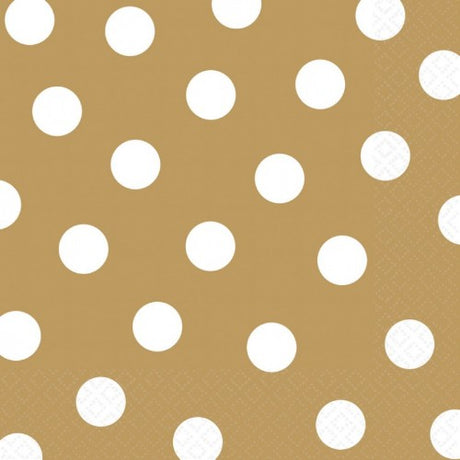 Gold-dotted disposable lunch napkins, stylish and eco-friendly, perfect for elegant dining and easy cleanup. Pack of 16.