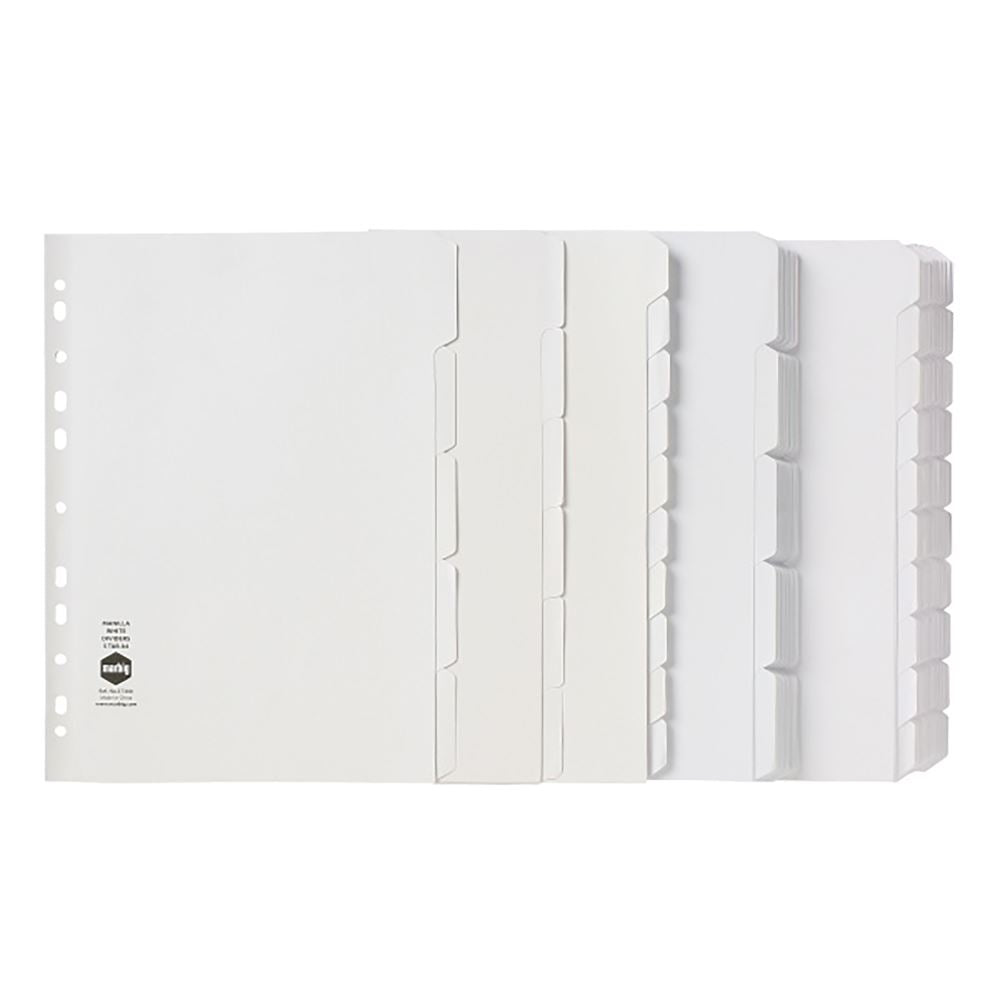 Marbig A4 dividers with 10 customizable tabs and reinforced binding for durable document organization.