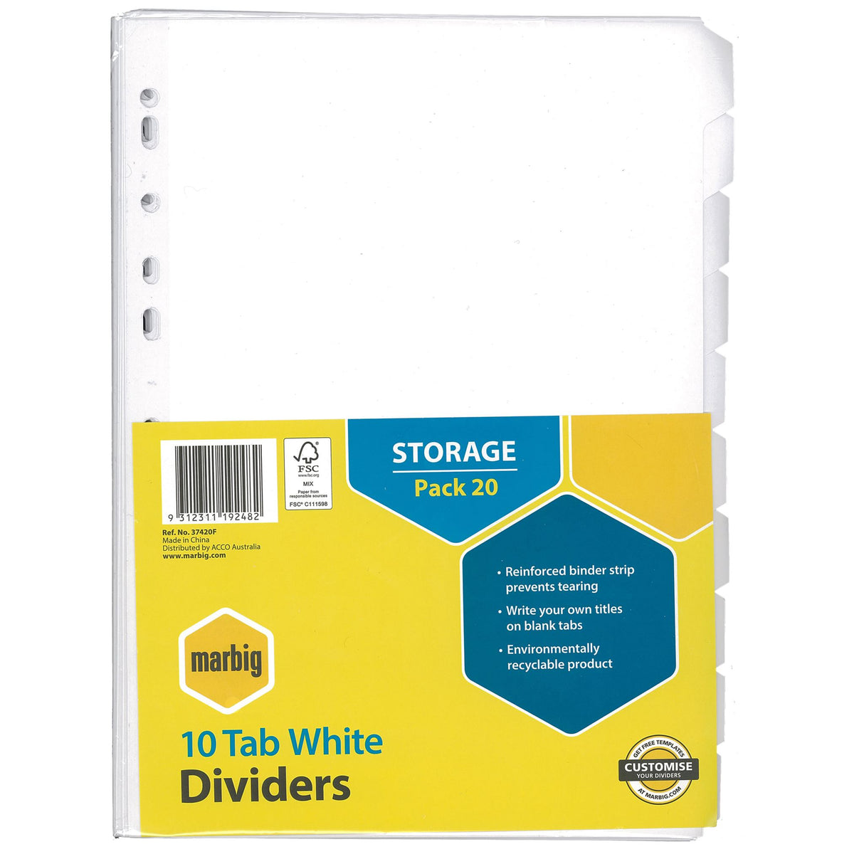 Marbig 10 Tab White Manilla Dividers A4, durable with blank tabs for custom labeling, ideal for organizing documents.