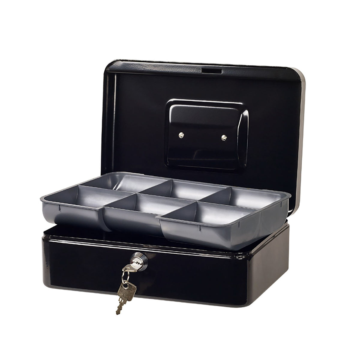 Esselte Classic No6 Black cash box featuring sturdy steel, rounded corners, and a partitioned coin tray for secure cash management.