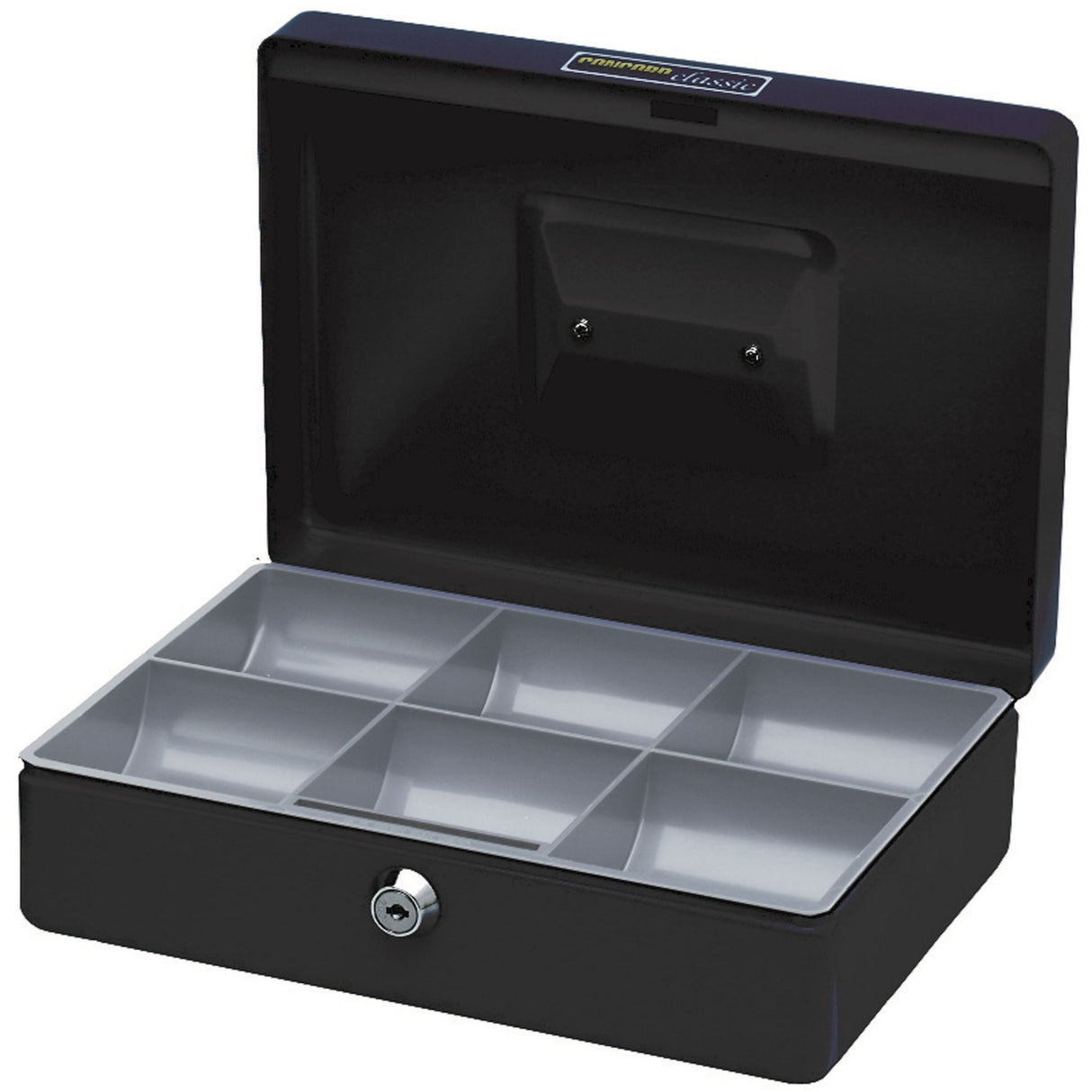 Esselte Cash Box Classic No10 in sleek black, featuring steel construction, two keys, and a coin tray for secure cash storage.