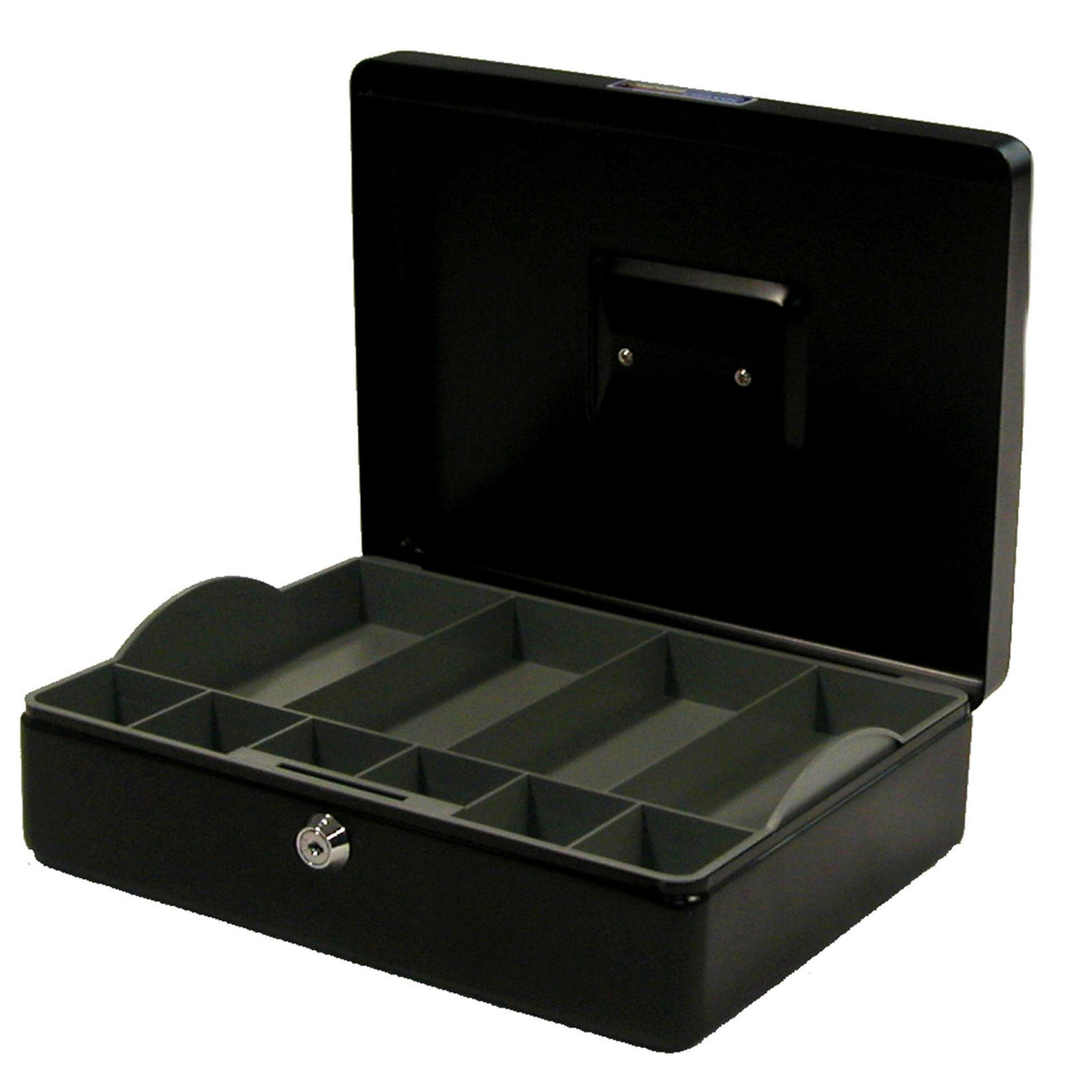 Sturdy black cash box with rounded corners, key lock, and partitioned coin tray, ideal for secure cash management.