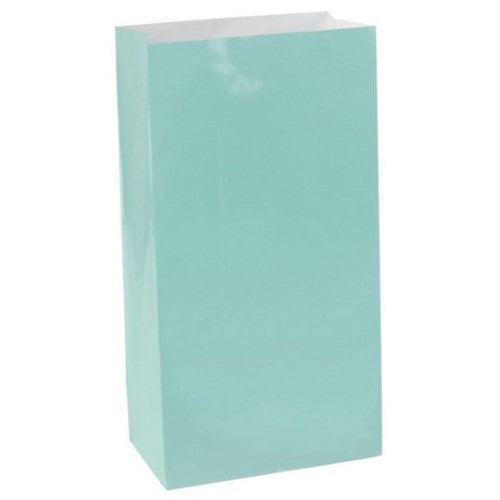 Pack of 12 large Robin's Egg Blue paper treat bags, perfect for parties and gift-giving, eco-friendly and stylish.