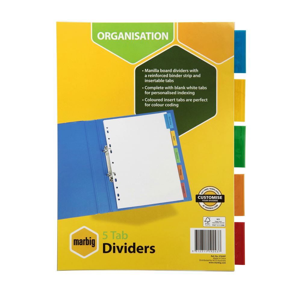 Marbig White Manila Dividers with insertable plastic tabs for custom indexing; durable, extra-wide design for easy organization.
