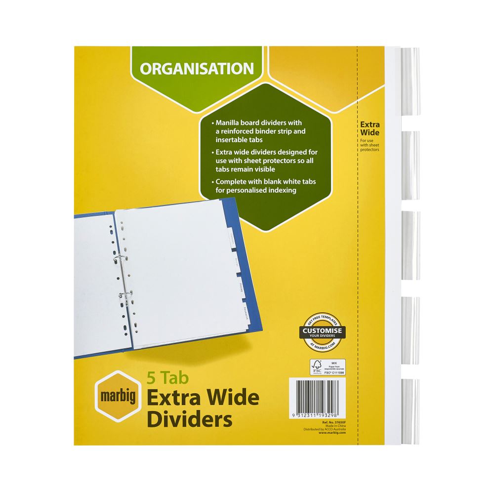 Extra wide white manila dividers with five clear tabs for custom indexing and reinforced durability.
