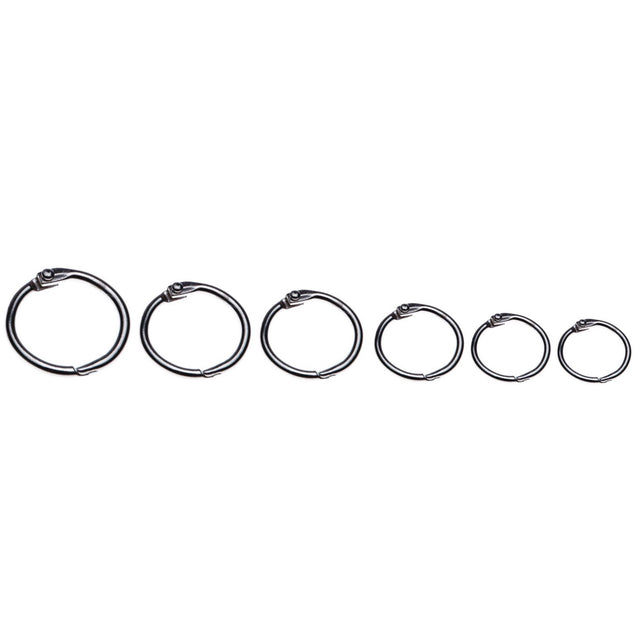 Box of 25 ESSELTE metal hinged rings, 63mm, ideal for organizing keys, documents, and crafts with easy snap open feature.