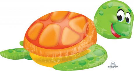 Colorful self-sealing foil balloon shaped like a silly sea turtle, perfect for ocean-themed parties and celebrations.
