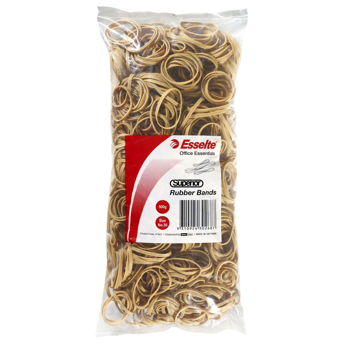 Esselte Superior Rubberbands Size 30 in a 500gm bag, made from durable natural rubber for versatile bundling and organization.