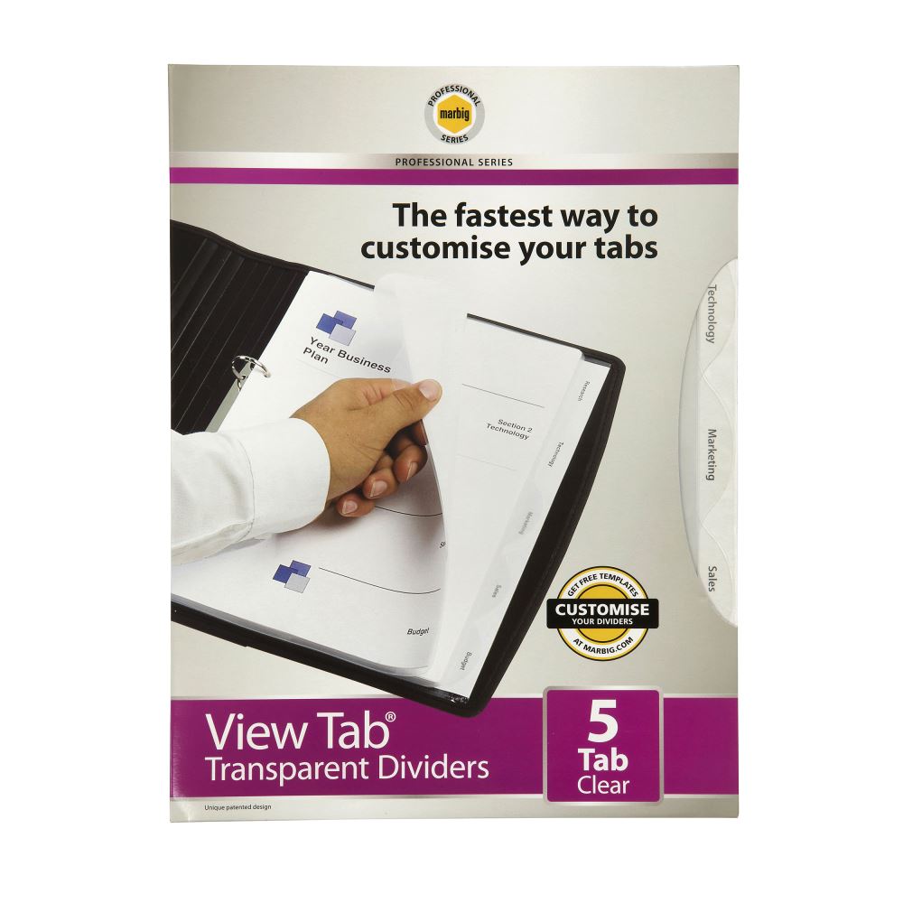 Clear A4 dividers with viewable tabs for easy document organization, made from durable polypropylene.