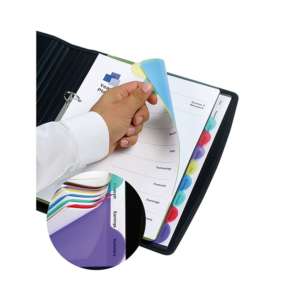 Marbig Pro Dividers featuring 5 vibrant A4 tabs for easy document organization, view titles through tabs without messy labels.