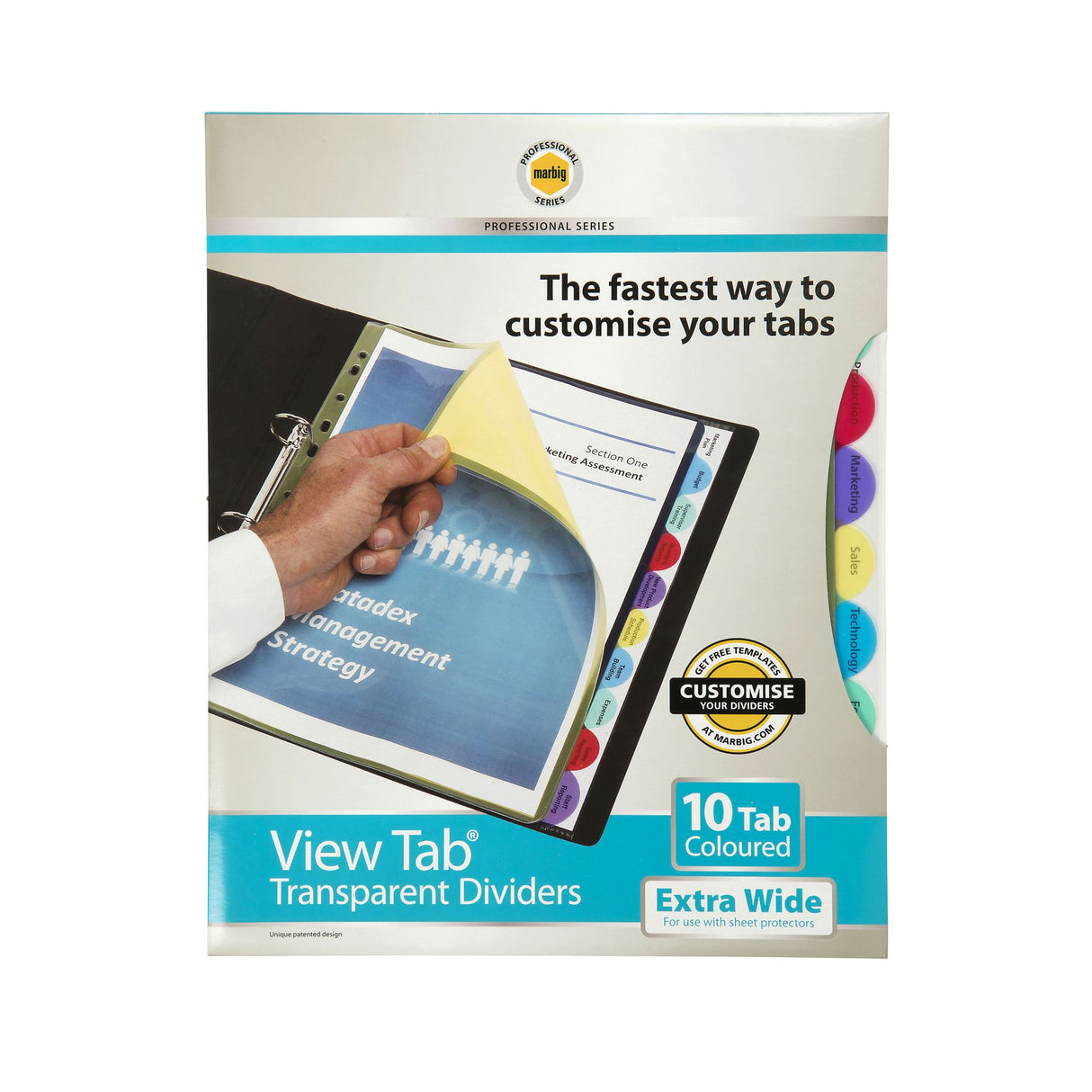 Marbig Pro DVD View Tab Xwide A4 dividers with 10 tabs, designed for easy document organization and clear title visibility.