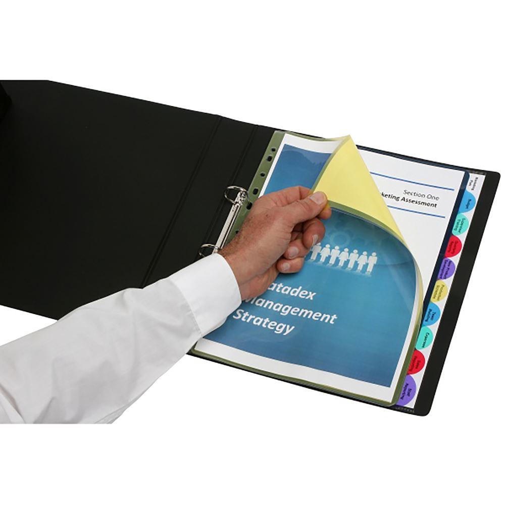 Marbig Pro DVDRs View Tabs, extra-wide A4 dividers with visible titles for organized document management.
