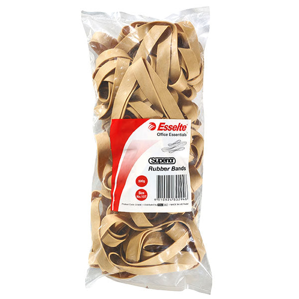 Esselte Superior Rubberbands No.107 in a 500g bag, strong, elastic, and ideal for organizing and bundling tasks.