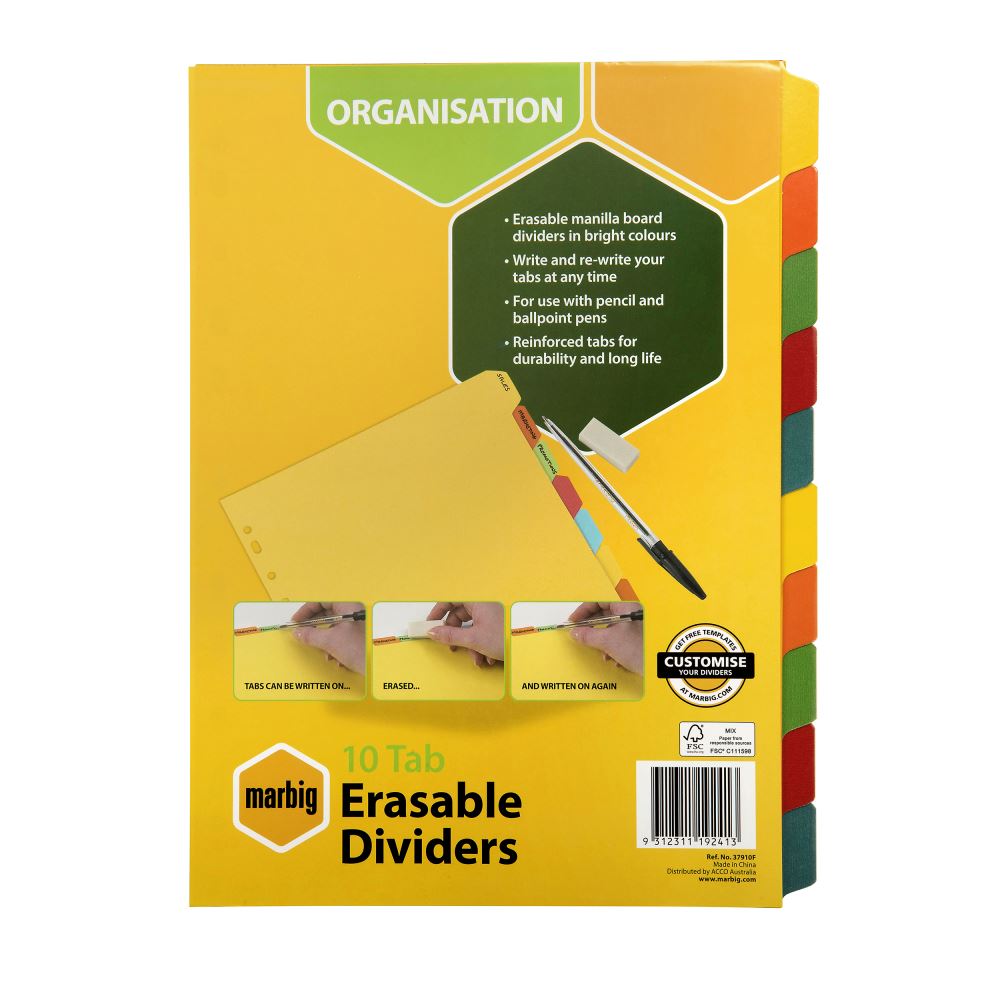 Marbig Dividers 10 Tab Eraseable Manila A4 for easy document organization, writable tabs, and durable design.