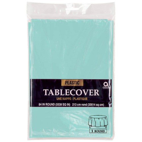 Plastic round tablecover in Robin's-Egg Blue, 2.1m diameter, perfect for elegant indoor and outdoor events.