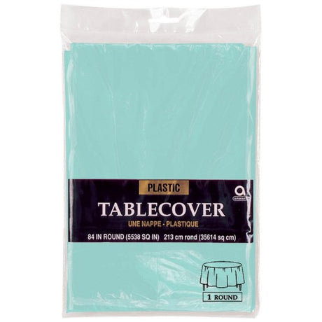Plastic round tablecover in Robin's-Egg Blue, 2.1m diameter, perfect for elegant indoor and outdoor events.
