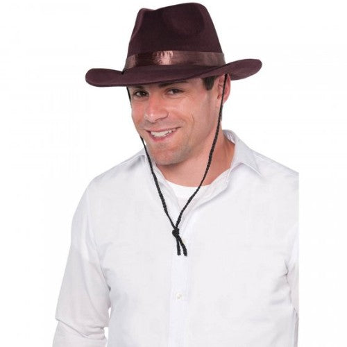 Brown flocked cowboy hat featuring a classic western design, perfect for costume parties or outdoor events.