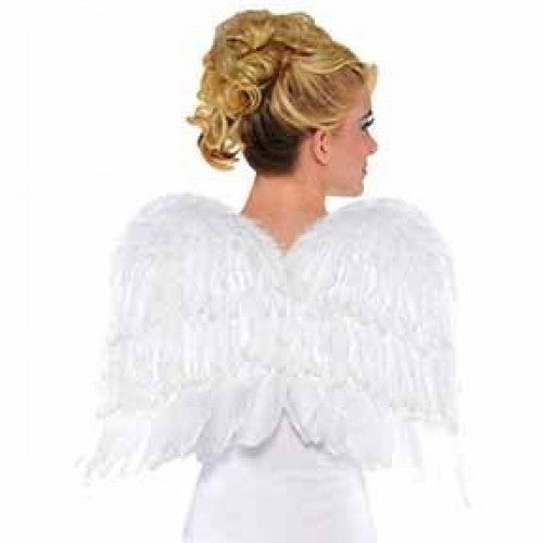 Elegant Feather White wings for adults, perfect for costumes, cosplay, and theatrical performances, measuring 16" x 22".