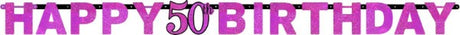 Celebration 50 Prismatic Letters banner in vibrant pink, perfect for festive occasions and easy to hang for memorable events.