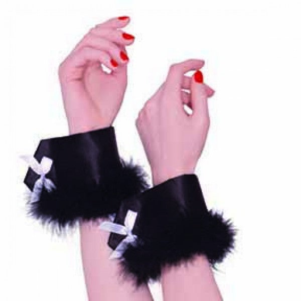 Black bunny feather wrist cuffs, perfect for costume parties and adding playful elegance to any outfit.