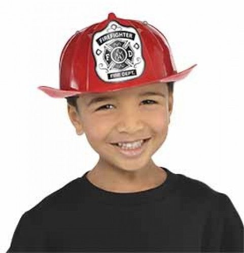 Child's vibrant red fireman hat made from durable materials, perfect for dress-up and imaginative play.
