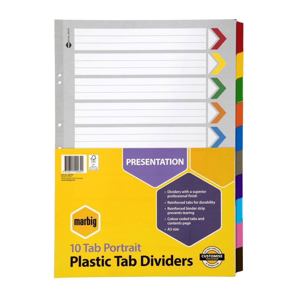 Marbig A3 dividers with reinforced white manila and vibrant tabs for organizing documents effectively.