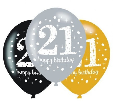 Vibrant 30cm latex balloons with sparkling designs for a memorable 21st birthday celebration, pack of 6.