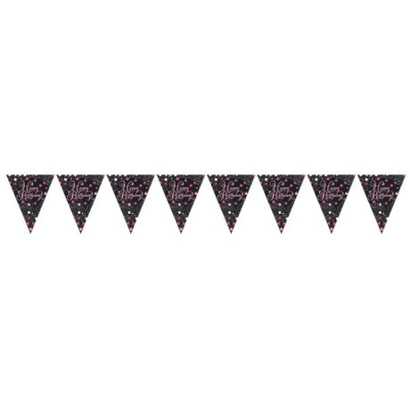 Vibrant pink prismatic birthday banner, 4m long, perfect for festive indoor and outdoor celebrations.