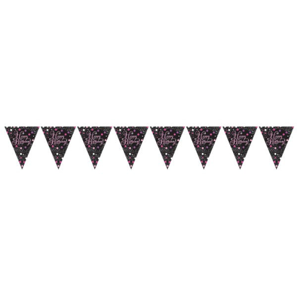 Vibrant pink prismatic birthday banner, 4m long, perfect for festive indoor and outdoor celebrations.