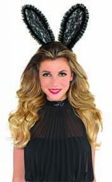 Black lace bunny ears headband, perfect for whimsical occasions and stylish outfits. Comfortable and versatile accessory.
