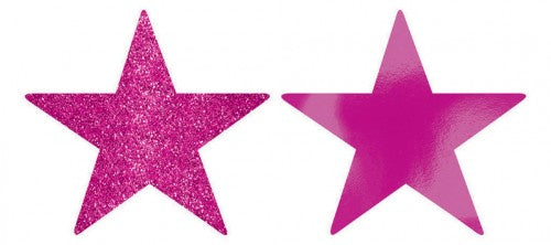 Bright pink 5-inch star cutouts with foil and glitter, perfect for party decor and crafts, pack of 5.