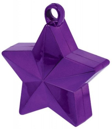 Purple star-shaped balloon weight for securing helium balloons at parties, adding vibrant decor and sturdy support.