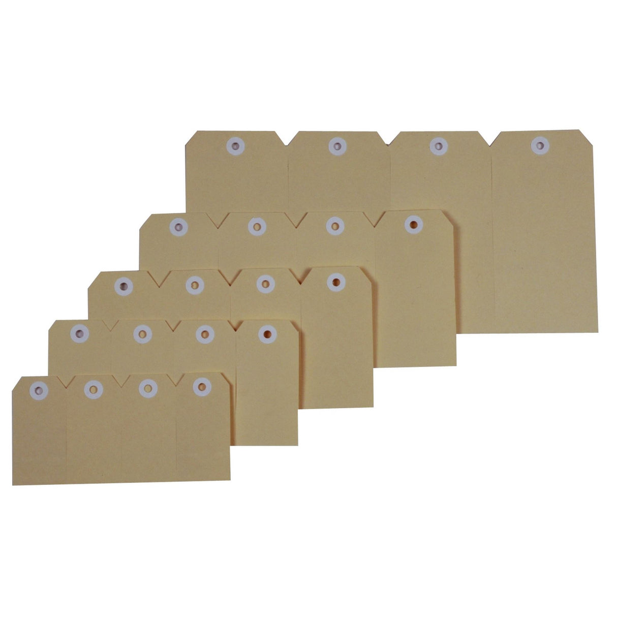 Buff shipping tags 48x96mm, made from durable manila board, with reinforced holes for secure labeling. 1000 tags per box.