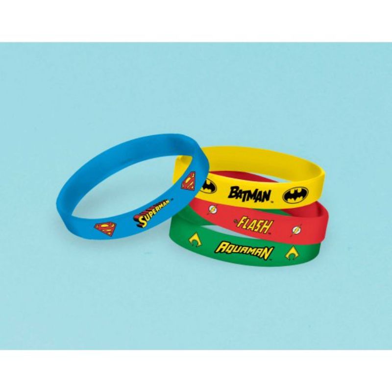 Set of 4 Justice League rubber bracelets featuring Superman, Batman, and Wonder Woman designs for themed events and parties.