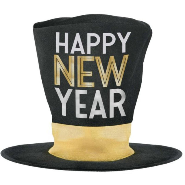Oversized Happy New Year top hat, 32cm, with hot-stamped design, perfect for festive parties and photo booths.