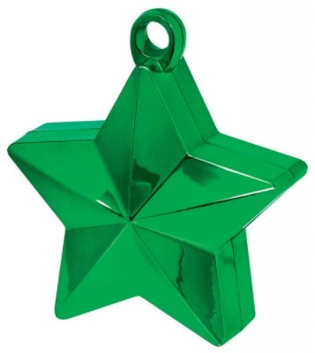 Green star-shaped balloon weight for securely anchoring helium balloons at parties and celebrations.